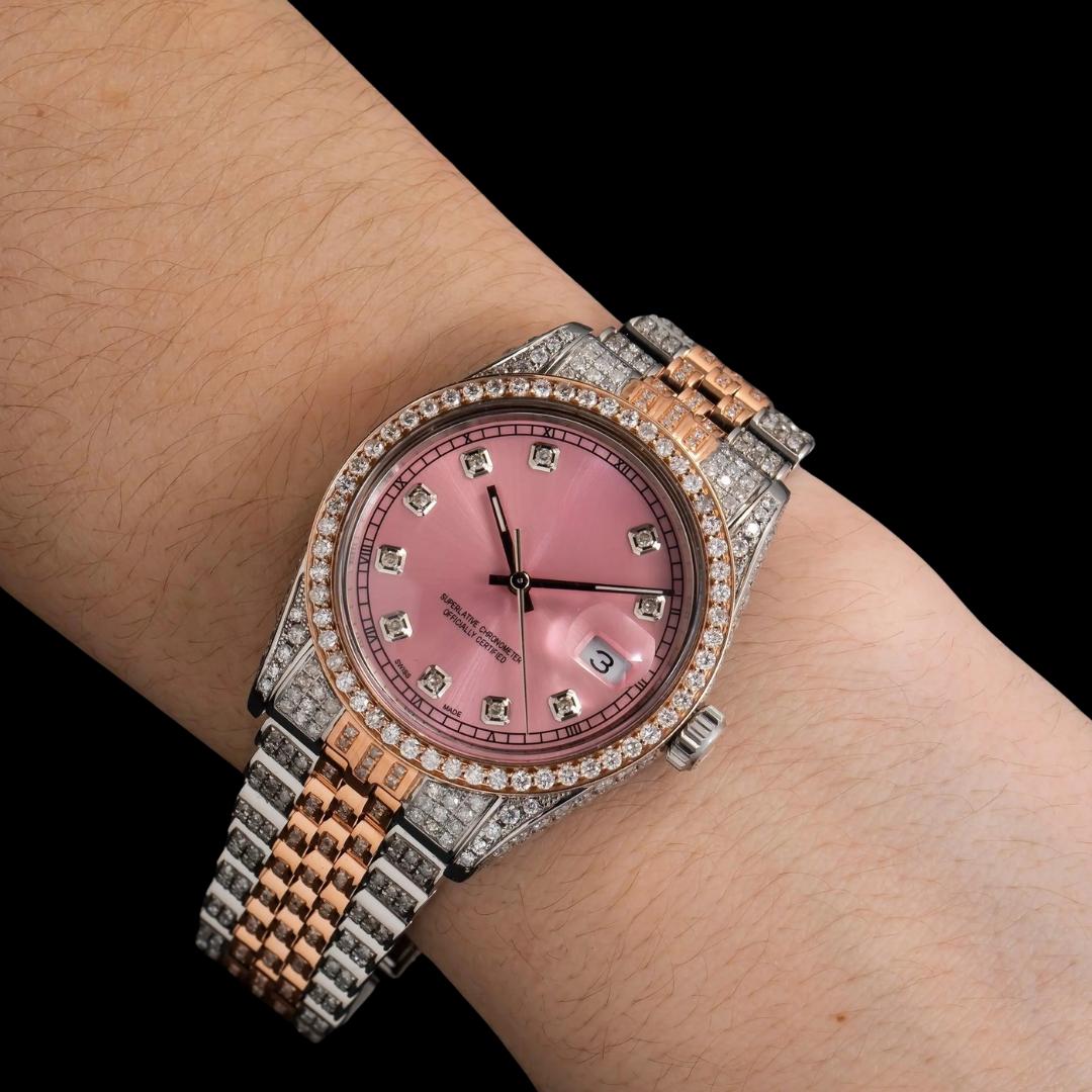 Rolex Datejust Diamond Markers Pink Dial Jubilee Bracelet Two Tone Rose Gold Iced Out Moissanite Watch On Wrist View