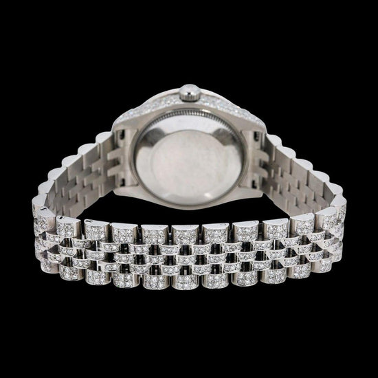 Rolex Datejust Diamond Pave Dial Rainbow Arabic Numerals Jubilee Bracelet Moissanite Watch Caseback View