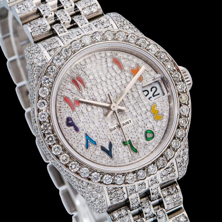 Rolex Datejust Diamond Pave Dial Rainbow Arabic Numerals Jubilee Bracelet Moissanite Watch Close Up Dial View