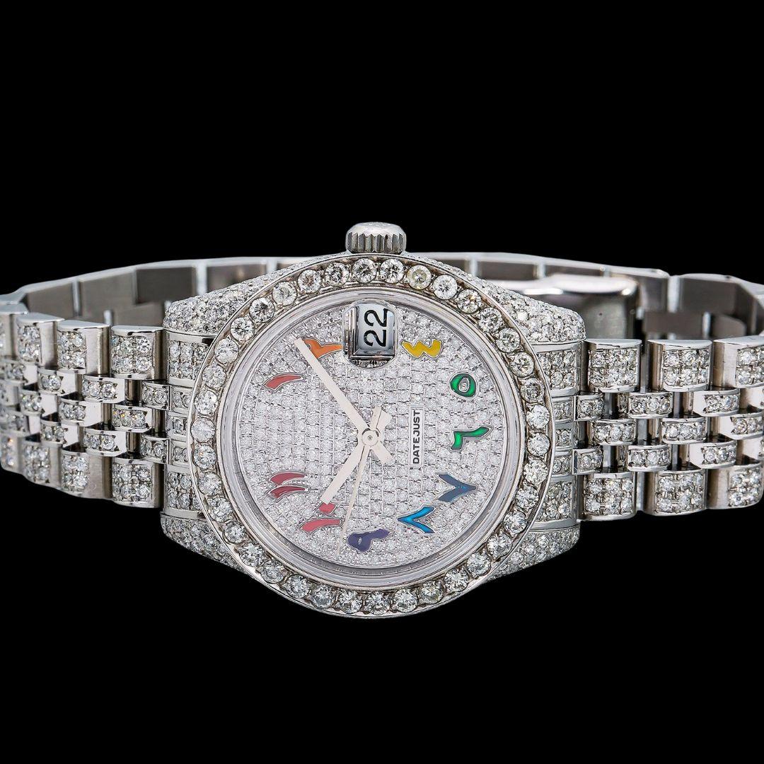 Rolex Datejust Diamond Pave Dial Rainbow Arabic Numerals Jubilee Bracelet Moissanite Watch Close Up Front View