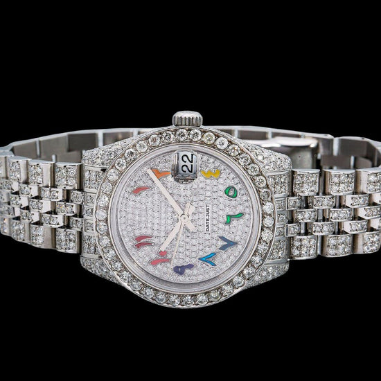 Rolex Datejust Diamond Pave Dial Rainbow Arabic Numerals Jubilee Bracelet Moissanite Watch Close Up Front View