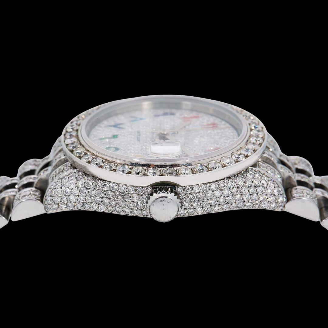 Rolex Datejust Diamond Pave Dial Rainbow Arabic Numerals Jubilee Bracelet Moissanite Watch Crown View