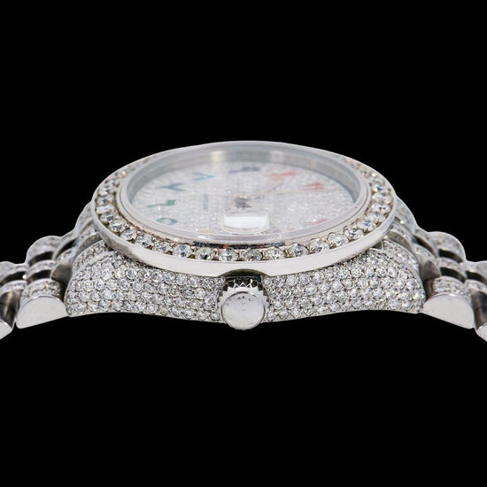 Rolex Datejust Diamond Pave Dial Rainbow Arabic Numerals Jubilee Bracelet Moissanite Watch Crown View