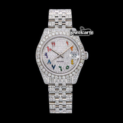 Rolex Datejust Diamond Pave Dial Rainbow Arabic Numerals Jubilee Bracelet Moissanite Watch