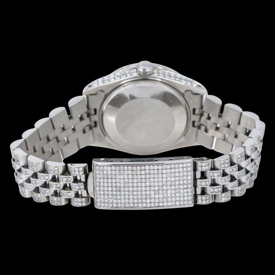 Rolex Datejust Diamond Pave Roman Dial Black Roman Numerals Iced Out Jubilee Moissanite Watch Caseback View
