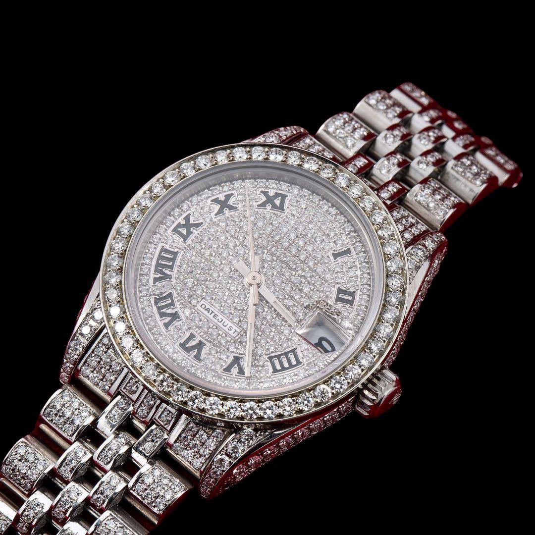 Rolex Datejust Diamond Pave Roman Dial Black Roman Numerals Iced Out Jubilee Moissanite Watch Close Up Front View