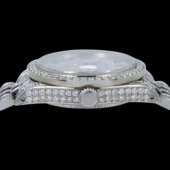 Rolex Datejust Diamond Pave Roman Dial Black Roman Numerals Iced Out Jubilee Moissanite Watch Crown View