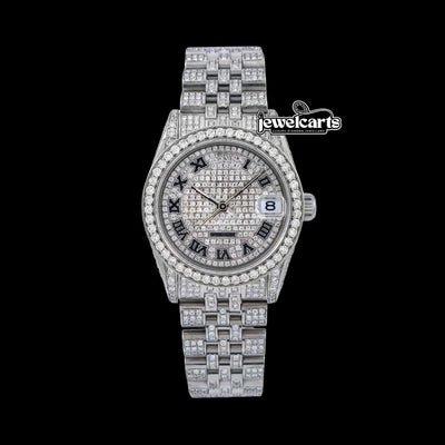 Rolex Datejust Diamond Pave Roman Dial Black Roman Numerals Iced Out Jubilee Moissanite Watch