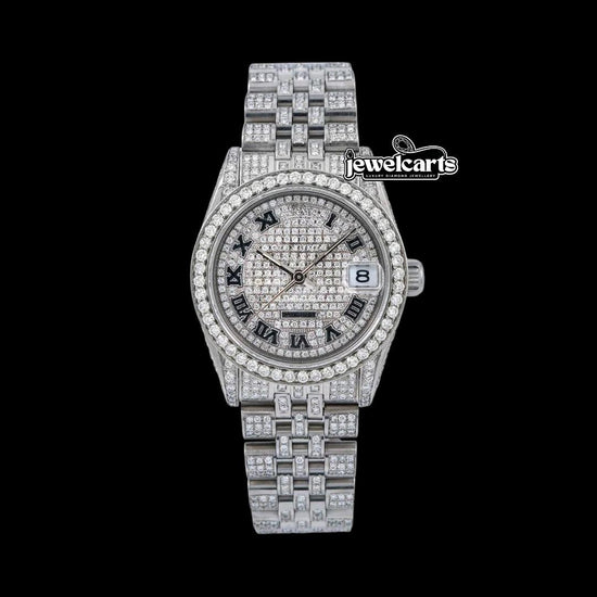 Rolex Datejust Diamond Pave Roman Dial Black Roman Numerals Iced Out Jubilee Moissanite Watch Front View