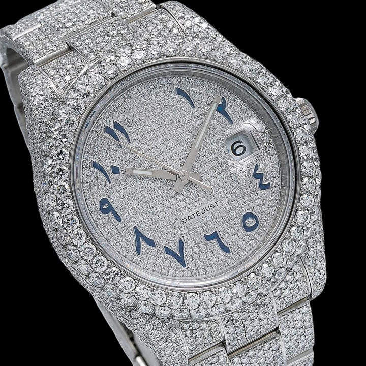 Rolex Datejust Diamond Pave White Dial Blue Arabic Numerals Fully Iced Out Oyster Bracelet Moissanite Watch Close Up Dial View