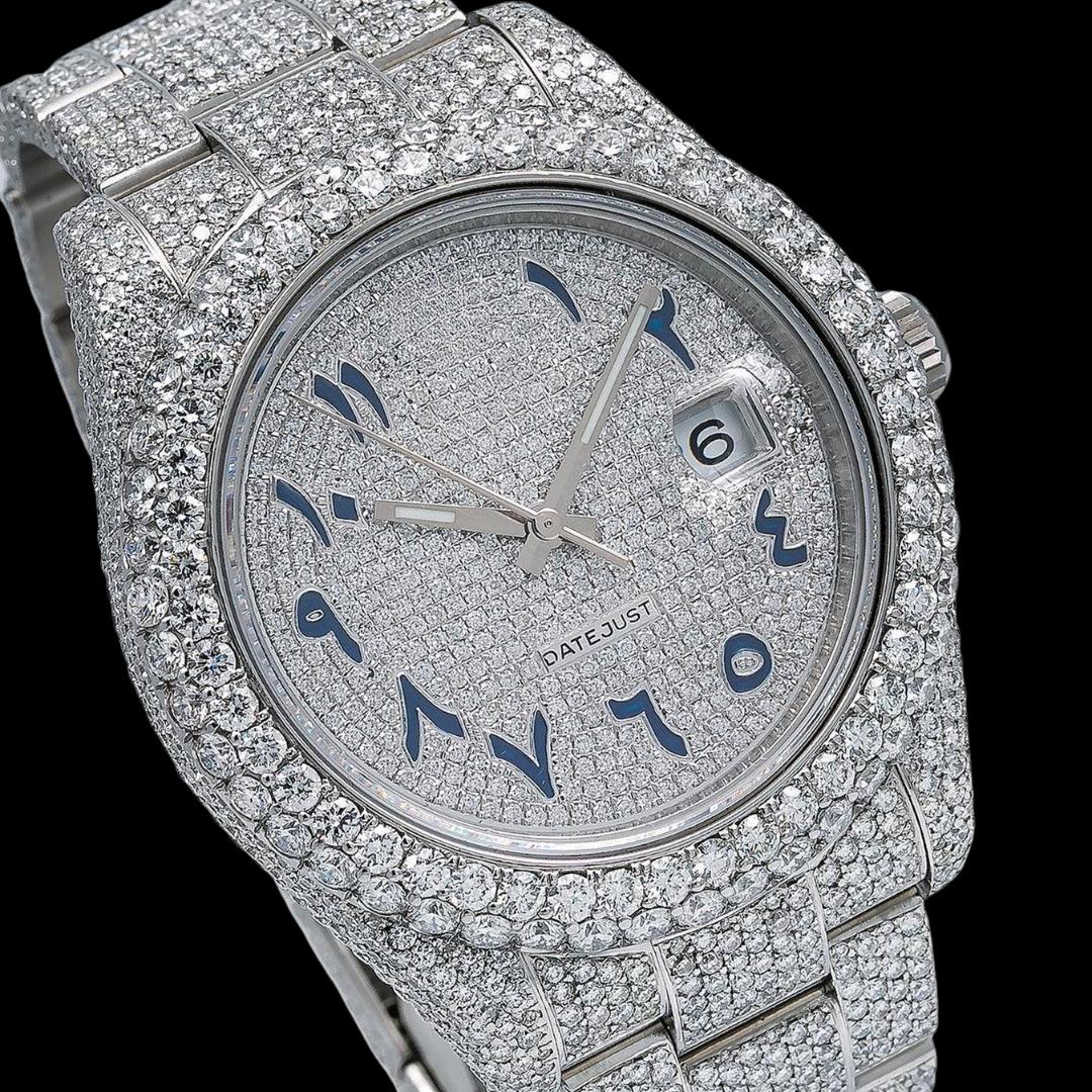 Rolex Datejust Diamond Pave White Dial Blue Arabic Numerals Fully Iced Out Oyster Bracelet Moissanite Watch Close Up Dial View