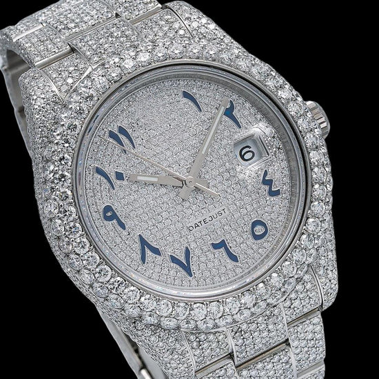 Rolex Datejust Diamond Pave White Dial Blue Arabic Numerals Fully Iced Out Oyster Bracelet Moissanite Watch Close Up Dial View