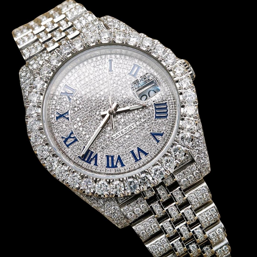 Rolex Datejust Diamond Pave White Dial Blue Arabic Numerals Fully Iced Out Oyster Bracelet Moissanite Watch Close Up Front View