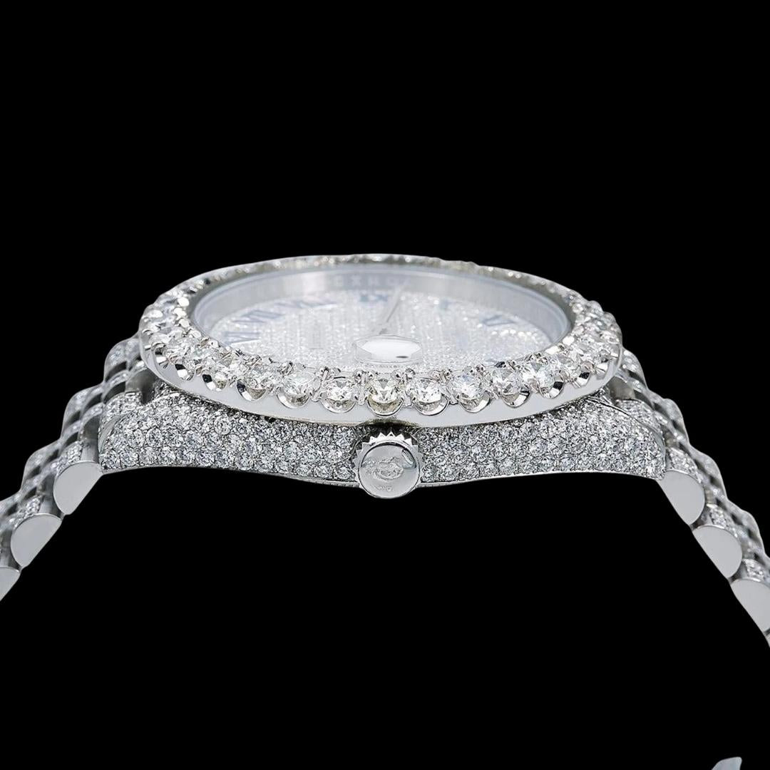 Rolex Datejust Diamond Pave White Dial Blue Arabic Numerals Fully Iced Out Oyster Bracelet Moissanite Watch Crown View