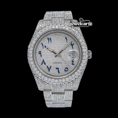 Rolex Datejust Diamond Pave White Dial Blue Arabic Numerals Fully Iced Out Oyster Bracelet Moissanite Watch