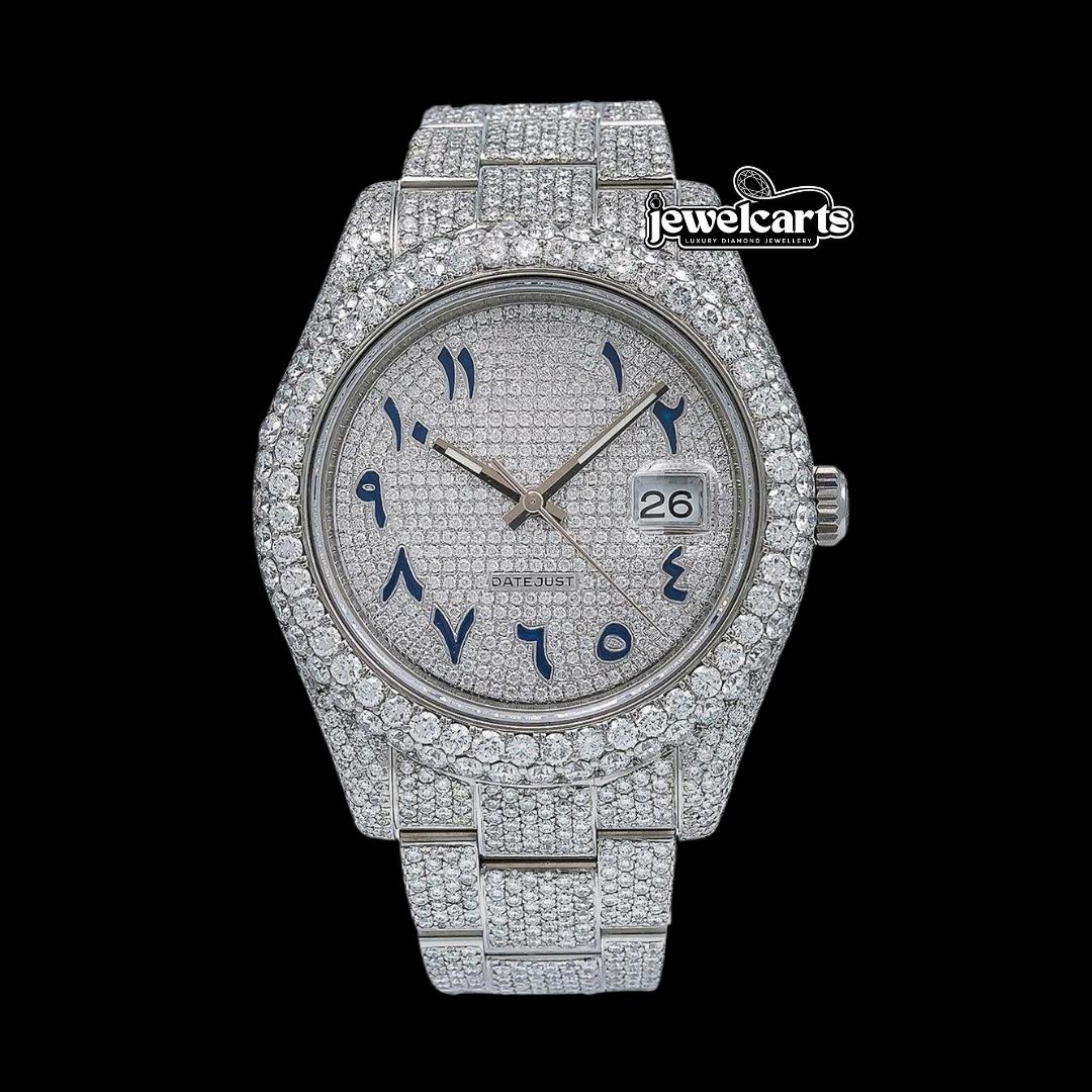 Rolex Datejust Diamond Pave White Dial Blue Arabic Numerals Fully Iced Out Oyster Bracelet Moissanite Watch Front View
