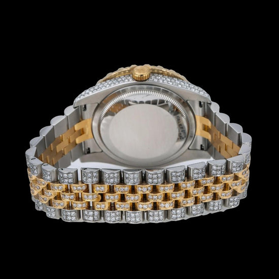 Rolex Datejust Diamond Paved Bezel Arabic Dial Two Tone Yellow Gold Iced Out Jubilee Bracelet Moissanite Watch Caseback View