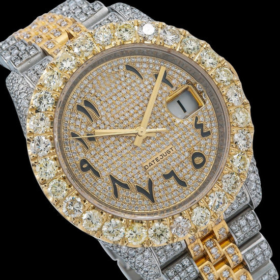 Rolex Datejust Diamond Paved Bezel Arabic Dial Two Tone Yellow Gold Iced Out Jubilee Bracelet Moissanite Watch Close Up Dial View