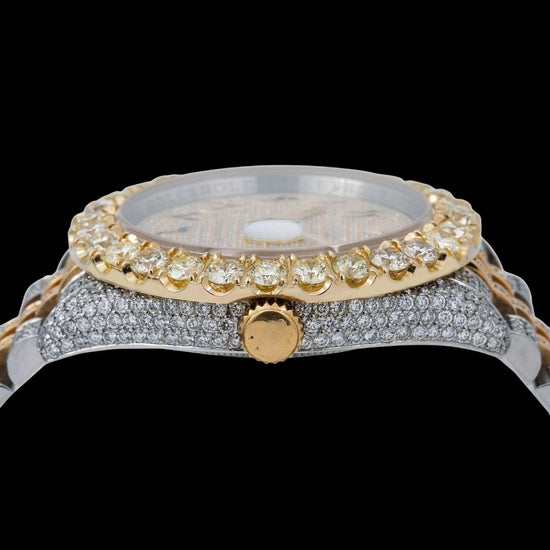 Rolex Datejust Diamond Paved Bezel Arabic Dial Two Tone Yellow Gold Iced Out Jubilee Bracelet Moissanite Watch Crown View