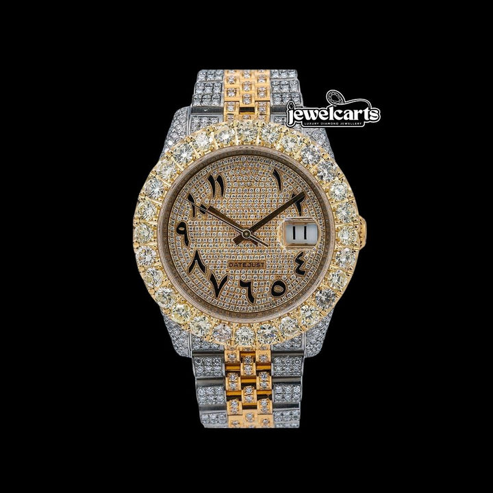 Rolex Datejust Diamond Paved Bezel Arabic Dial Two Tone Yellow Gold Iced Out Jubilee Bracelet Moissanite Watch Front View