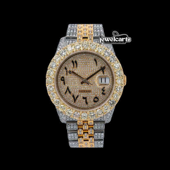 Rolex Datejust Diamond Paved Bezel Arabic Dial Two Tone Yellow Gold Iced Out Jubilee Bracelet Moissanite Watch Front View