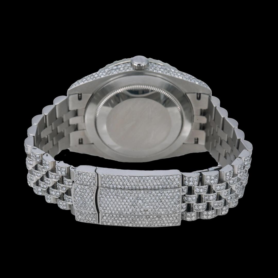 Rolex Datejust Diamond Paved Dial Black Arabic Numerals Diamond Bezel Iced Out Jubilee Strap Moissanite Watch Caseback View