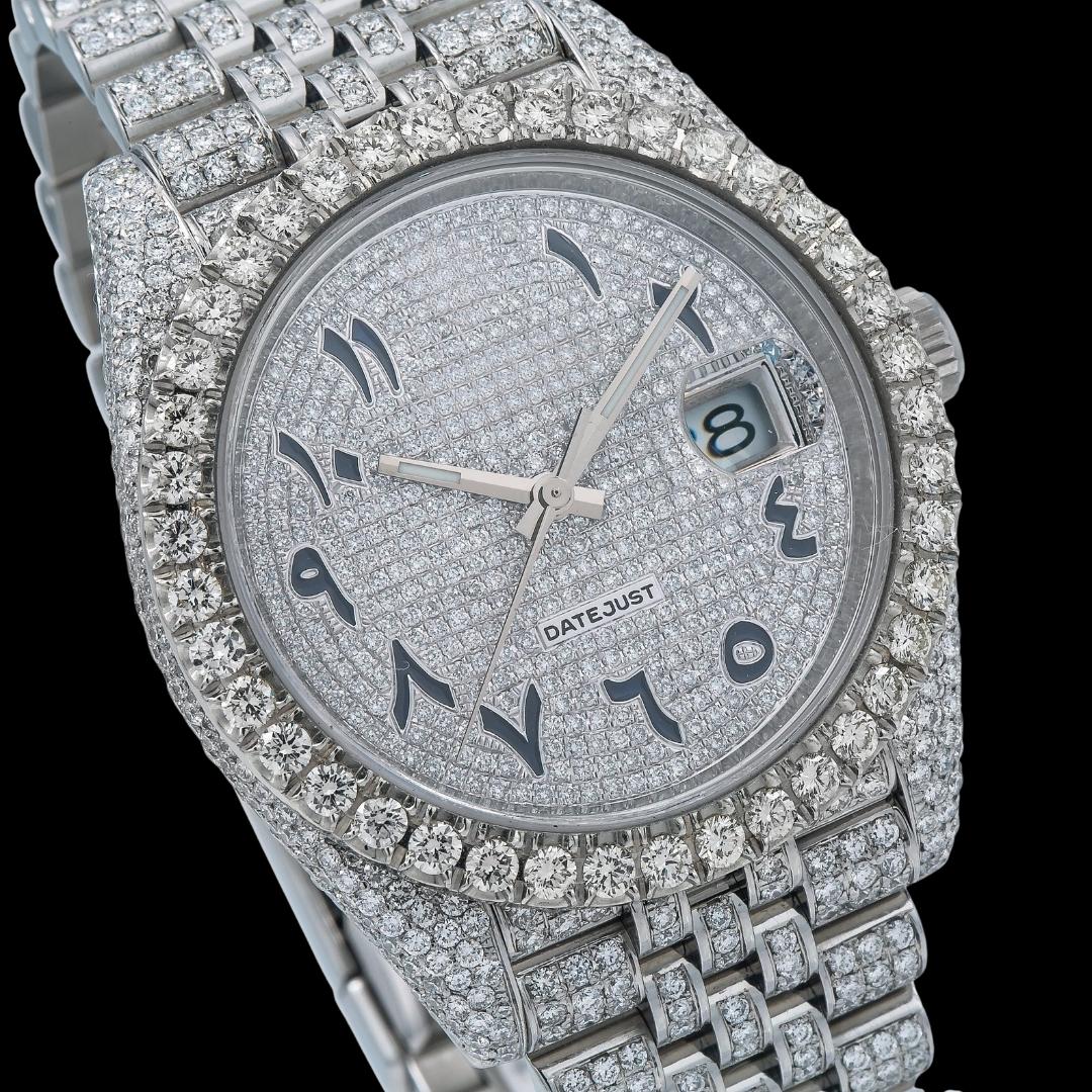 Rolex Datejust Diamond Paved Dial Black Arabic Numerals Diamond Bezel Iced Out Jubilee Strap Moissanite Watch Close Up Dial View