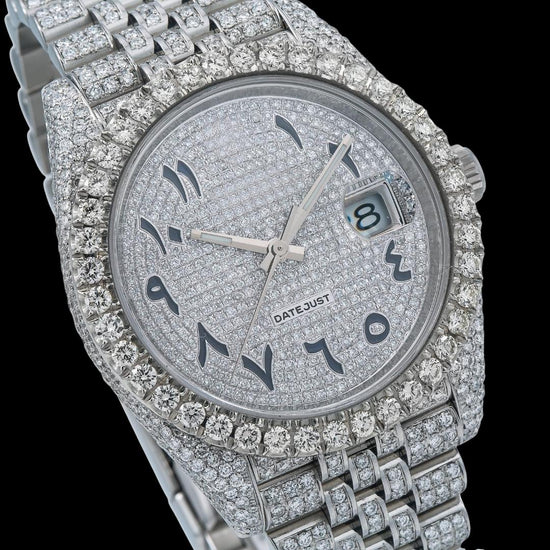 Rolex Datejust Diamond Paved Dial Black Arabic Numerals Diamond Bezel Iced Out Jubilee Strap Moissanite Watch Close Up Dial View