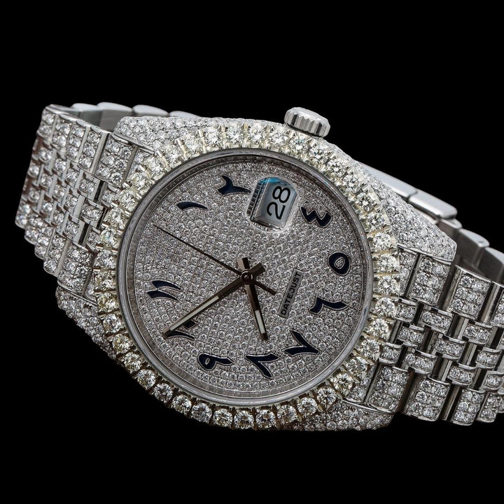 Rolex Datejust Diamond Paved Dial Black Arabic Numerals Diamond Bezel Iced Out Jubilee Strap Moissanite Watch Close Up Front View