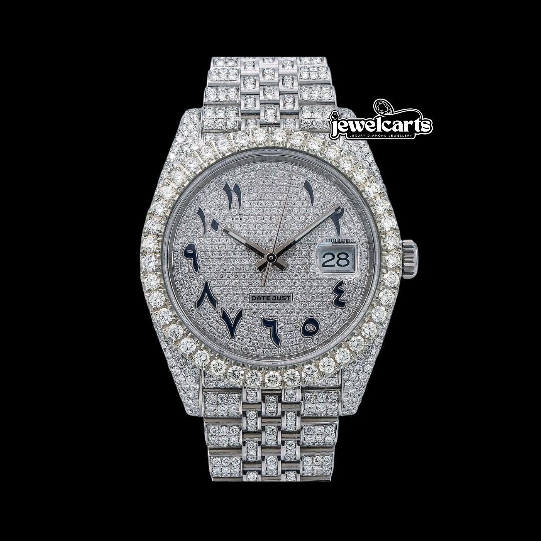 Rolex Datejust Diamond Paved Dial Black Arabic Numerals Diamond Bezel Iced Out Jubilee Strap Moissanite Watch Front View