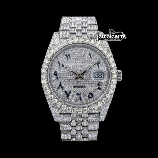 Rolex Datejust Diamond Paved Dial Black Arabic Numerals Diamond Bezel Iced Out Jubilee Strap Moissanite Watch Front View