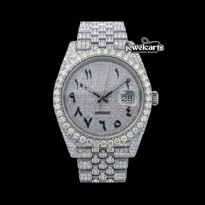 Rolex Datejust Diamond Paved Dial Black Arabic Numerals Diamond Bezel Iced Out Jubilee Strap Moissanite Watch Front View