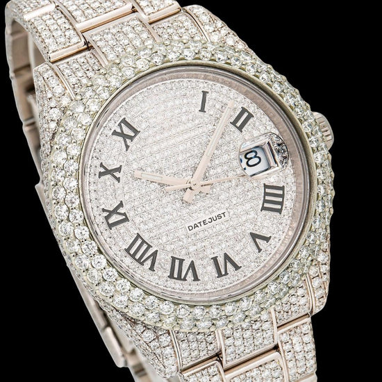 Rolex Datejust Diamond Paved Dial Black Roman Numerals Fully Iced Out Oyster Strap Moissanite Watch Close Up Dial View