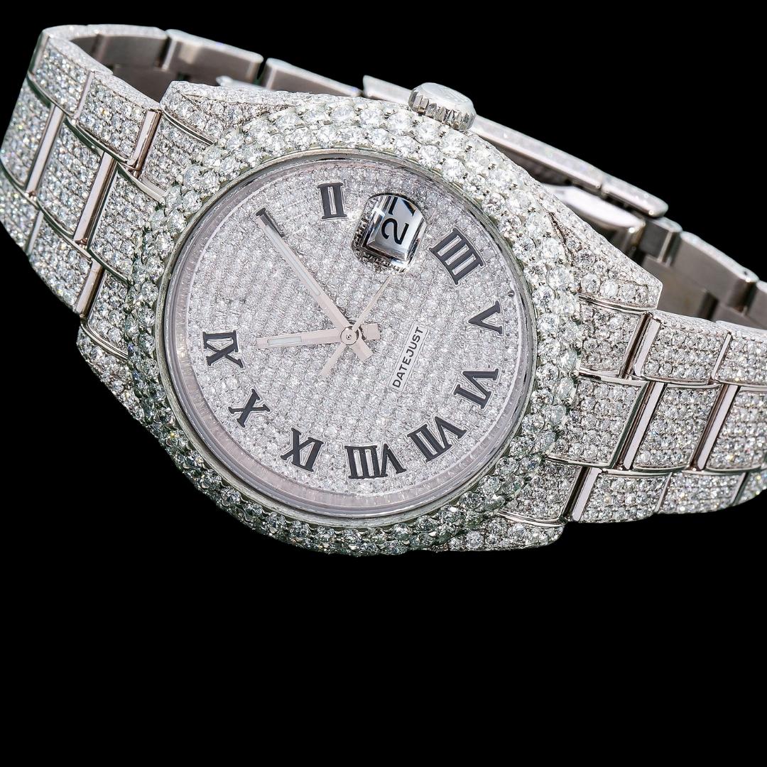 Rolex Datejust Diamond Paved Dial Black Roman Numerals Fully Iced Out Oyster Strap Moissanite Watch Close Up Front View