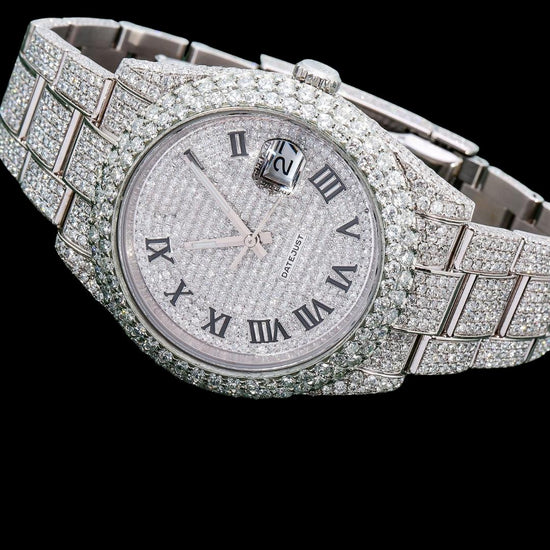 Rolex Datejust Diamond Paved Dial Black Roman Numerals Fully Iced Out Oyster Strap Moissanite Watch Close Up Front View