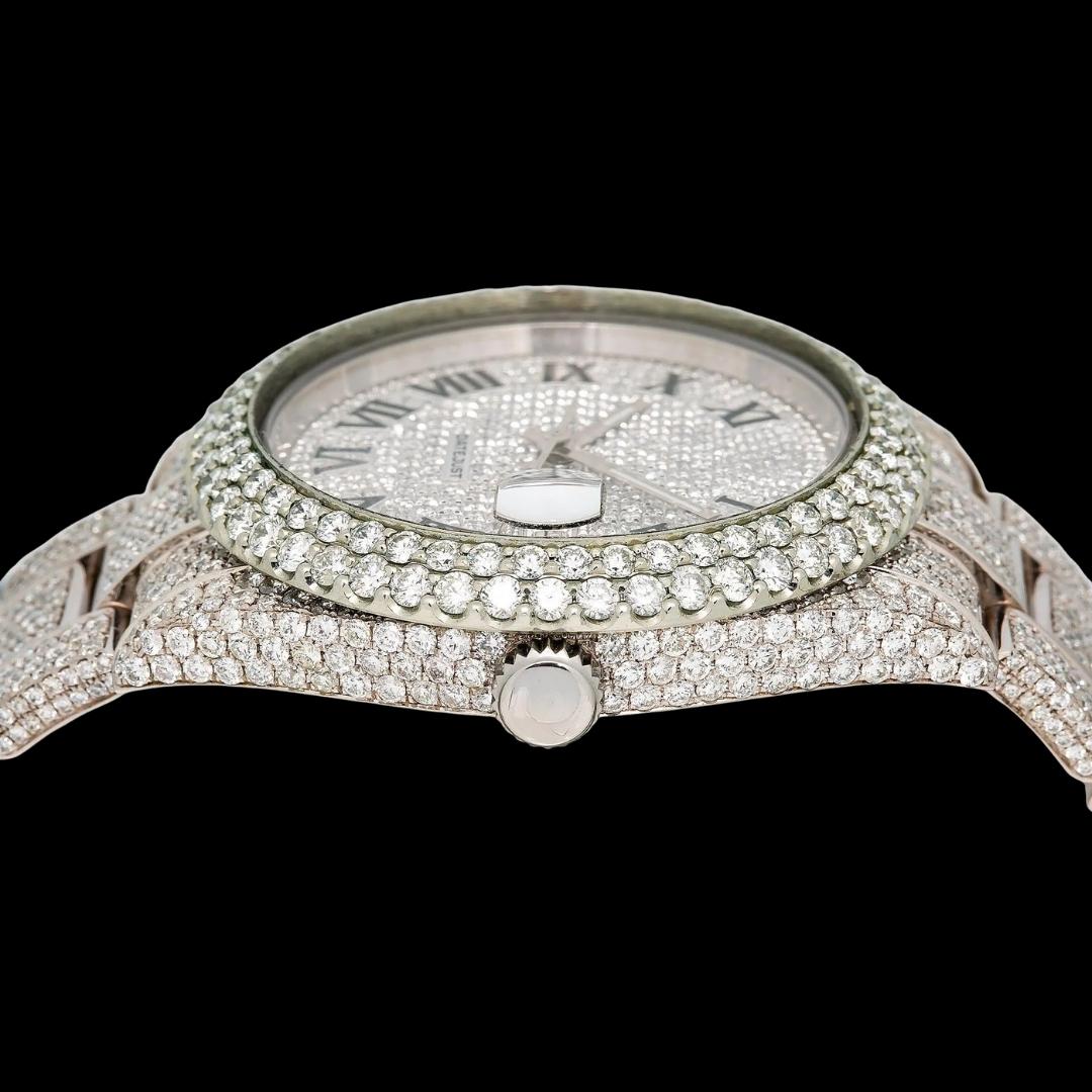 Rolex Datejust Diamond Paved Dial Black Roman Numerals Fully Iced Out Oyster Strap Moissanite Watch Crown View