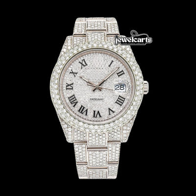 Rolex Datejust Diamond Paved Dial Black Roman Numerals Fully Iced Out Oyster Strap Moissanite Watch