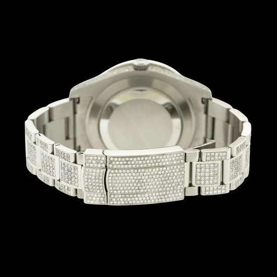Rolex Datejust Diamond Paved Dial Blue Roman Numerals Iced Out Oyster Bracelet Moissanite Watch Caseback View