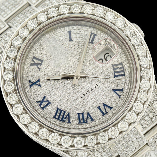 Rolex Datejust Diamond Paved Dial Blue Roman Numerals Iced Out Oyster Bracelet Moissanite Watch Close Up Dial View