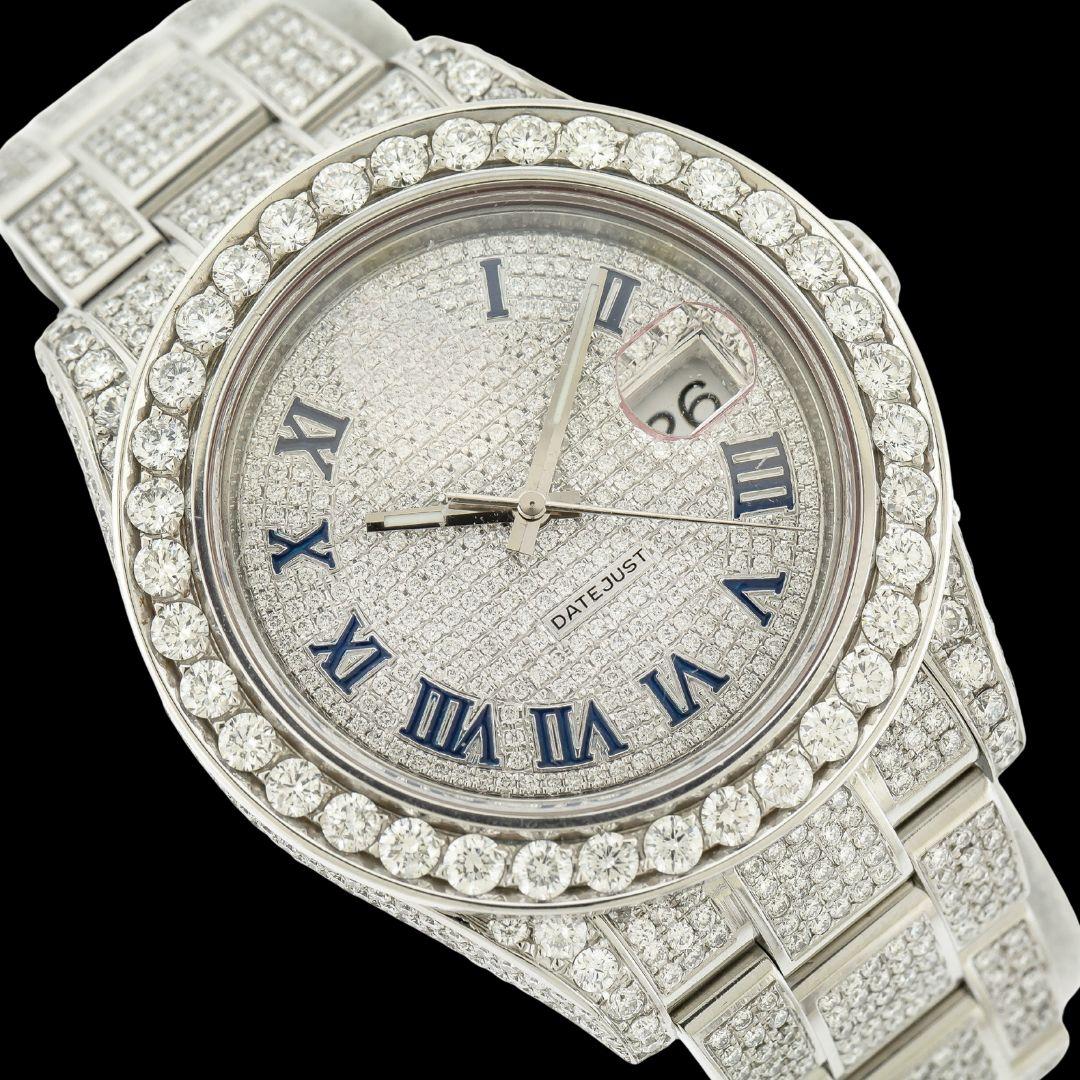 Rolex Datejust Diamond Paved Dial Blue Roman Numerals Iced Out Oyster Bracelet Moissanite Watch Close Up Front View