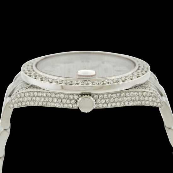Rolex Datejust Diamond Paved Dial Blue Roman Numerals Iced Out Oyster Bracelet Moissanite Watch Crown View