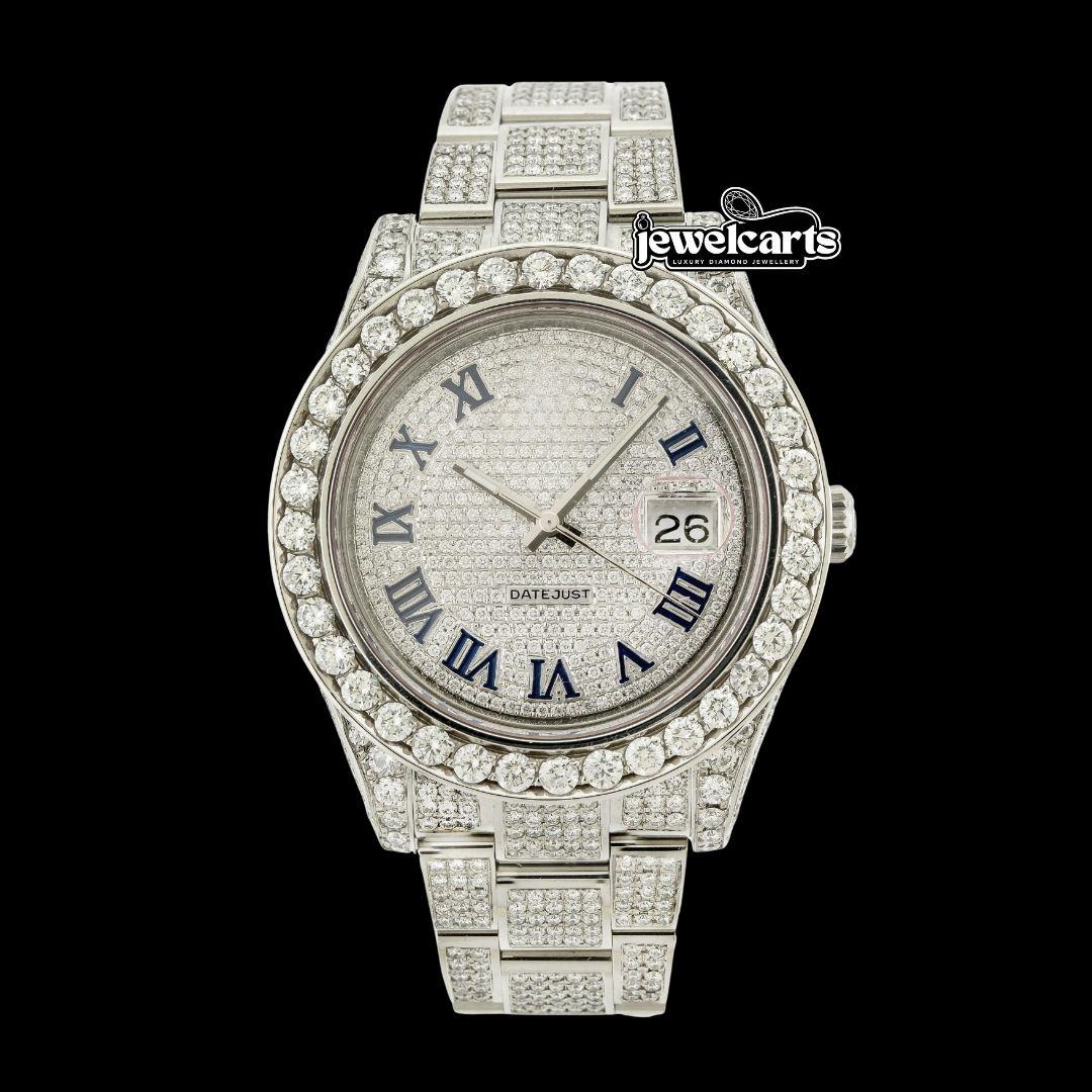Rolex Datejust Diamond Paved Dial Blue Roman Numerals Iced Out Oyster Bracelet Moissanite Watch Front View