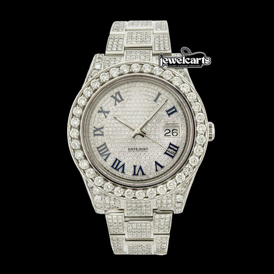 Rolex Datejust Diamond Paved Dial Blue Roman Numerals Iced Out Oyster Bracelet Moissanite Watch Front View