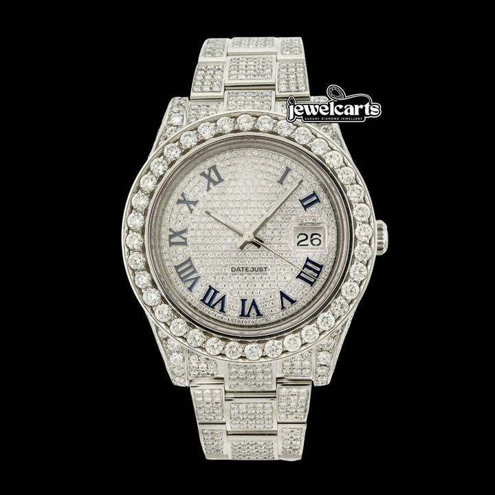 Rolex Datejust Diamond Paved Dial Blue Roman Numerals Iced Out Oyster Bracelet Moissanite Watch Front View