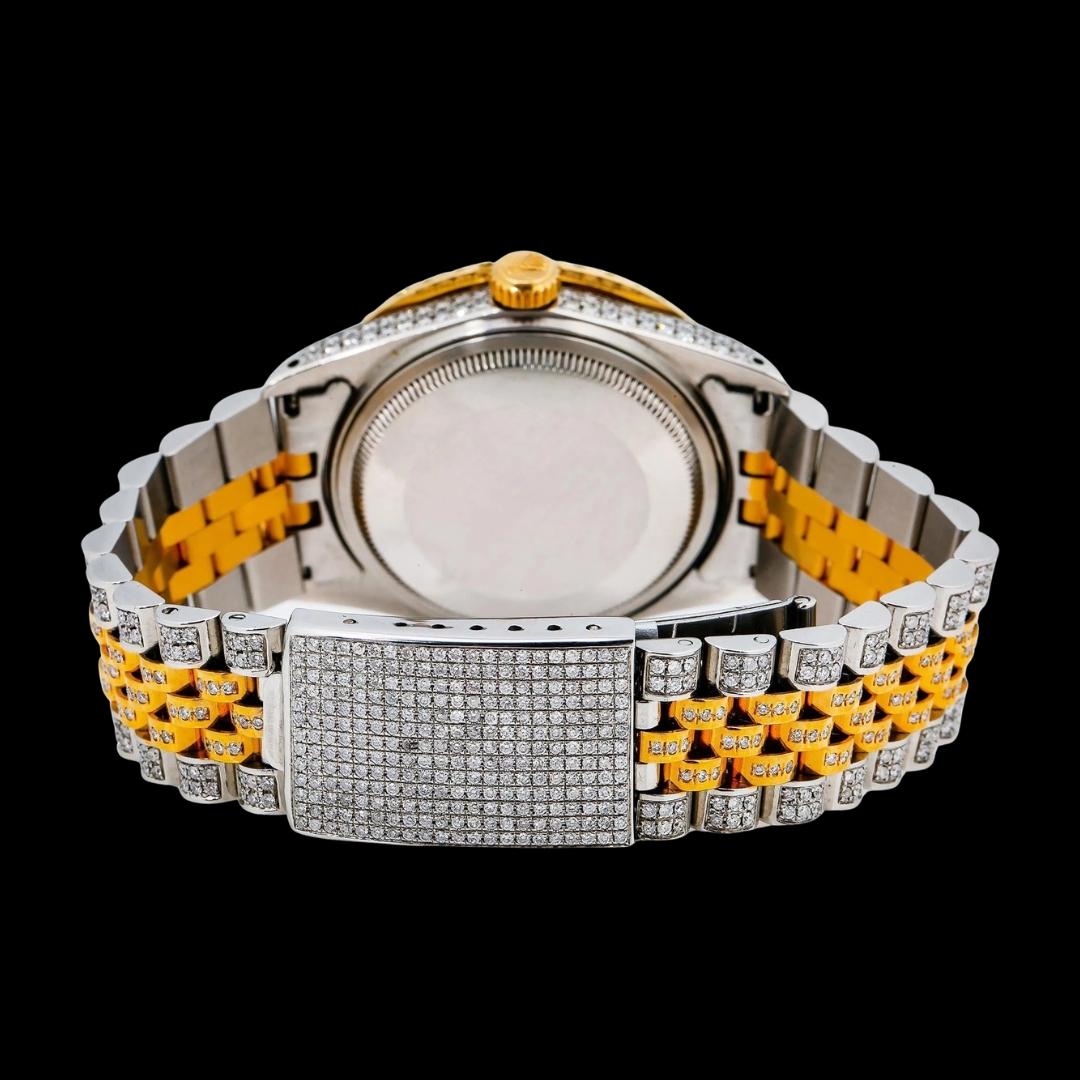 Rolex Datejust Diamond Paved Dial Blue Roman Numerals Two Tone Yellow Gold Jubilee Bracelet Iced Out Watch Caseback View