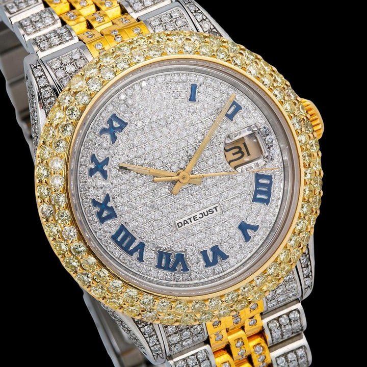 Rolex Datejust Diamond Paved Dial Blue Roman Numerals Two Tone Yellow Gold Jubilee Bracelet Iced Out Watch Close Up Dial View