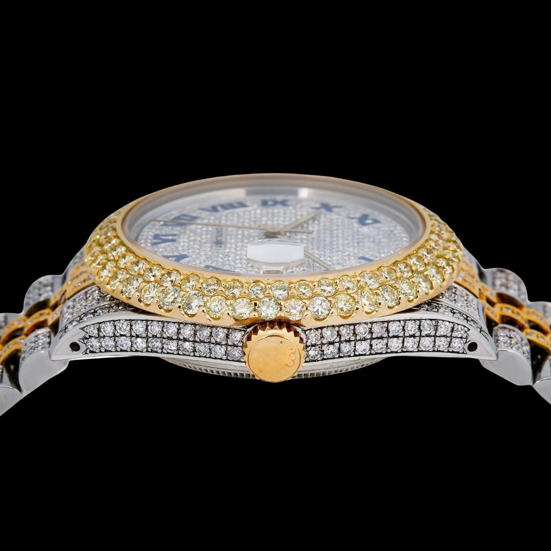 Rolex Datejust Diamond Paved Dial Blue Roman Numerals Two Tone Yellow Gold Jubilee Bracelet Iced Out Watch Crown View