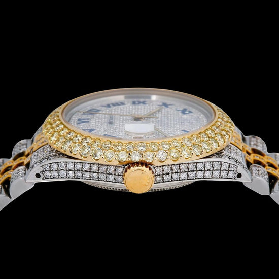Rolex Datejust Diamond Paved Dial Blue Roman Numerals Two Tone Yellow Gold Jubilee Bracelet Iced Out Watch Crown View