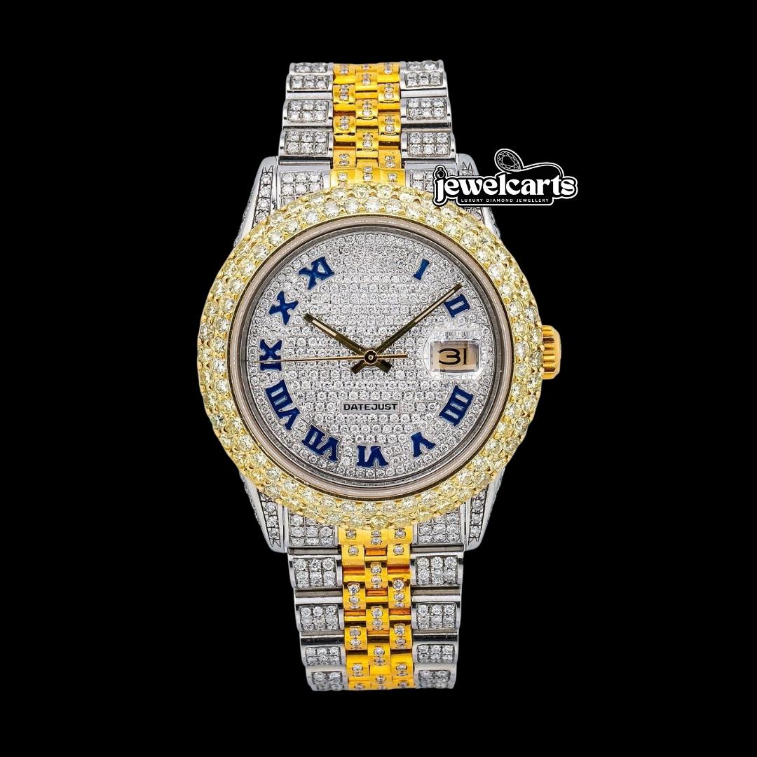 Rolex Datejust Diamond Paved Dial Blue Roman Numerals Two Tone Yellow Gold Jubilee Bracelet Iced Out Watch Front View