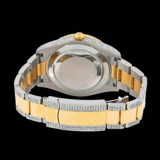 Rolex Datejust Diamond Paved Dial Green Roman Numerals Two Tone Yellow Gold Oyster Strap Iced Out Moissanite Watch Caseback View